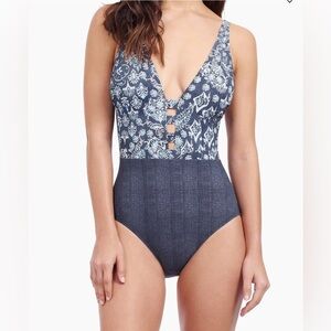 Profile by Gottex Flores Halterneck One-Piece Swimsuit Blue Print Size 14